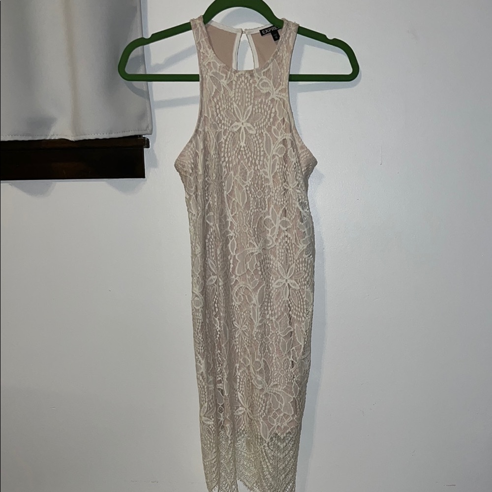 Nude dress with white lace overlay